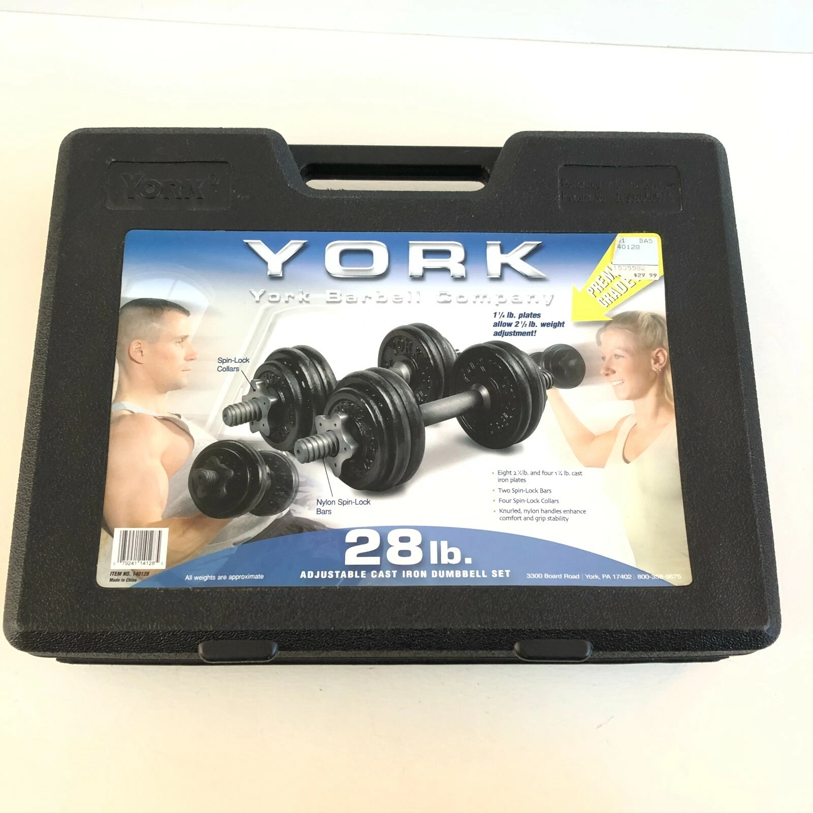 York Adjustable Cast Iron Dumbbells 28 lb Weight Set With Carrying Case