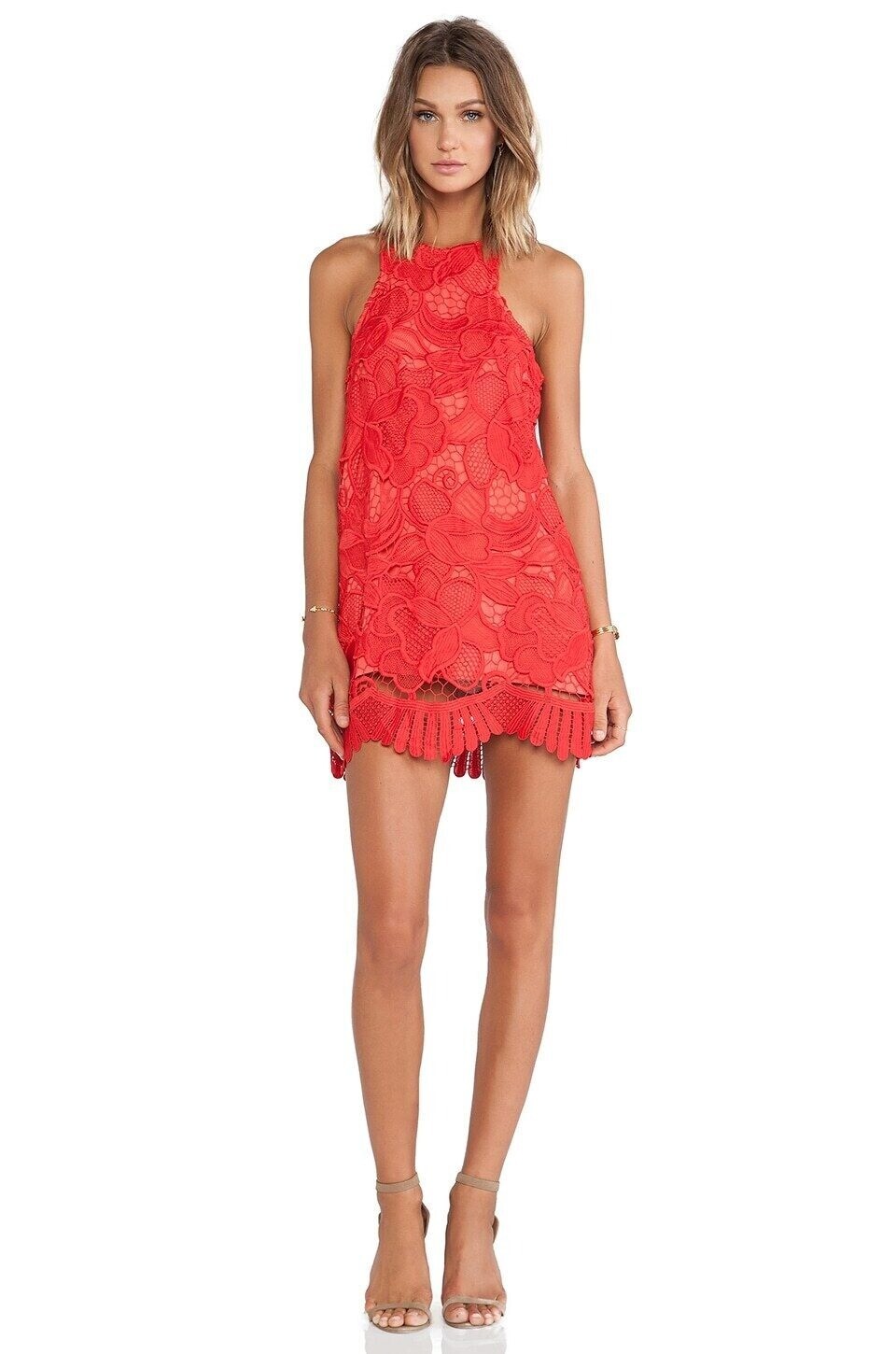 Lovers + Friends Caspian Shift Mini Dress Size XS Coral Lace Sleeveless