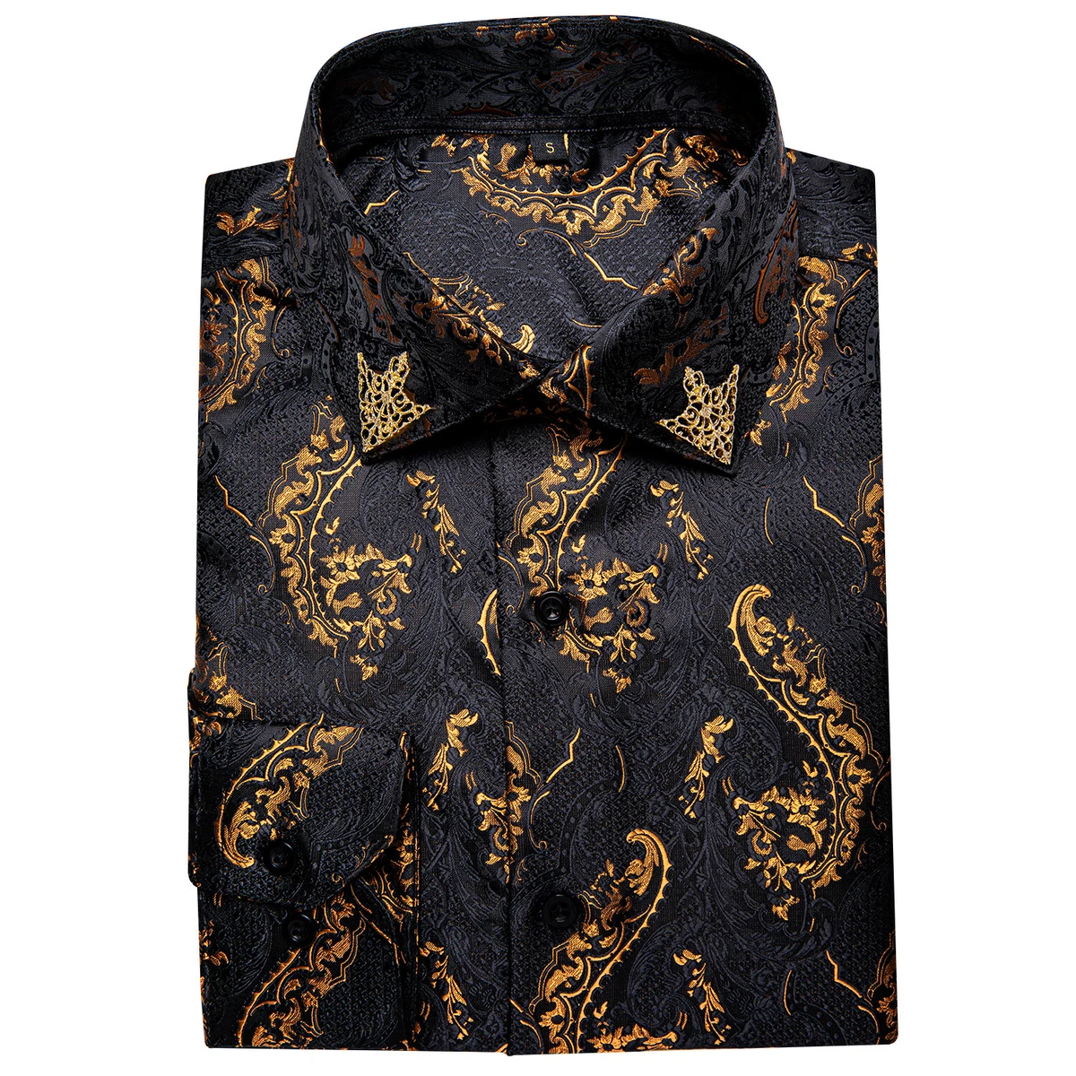 Mens Dress Shirt Silk Long Sleeve Black Gold Paisley Floral Casual