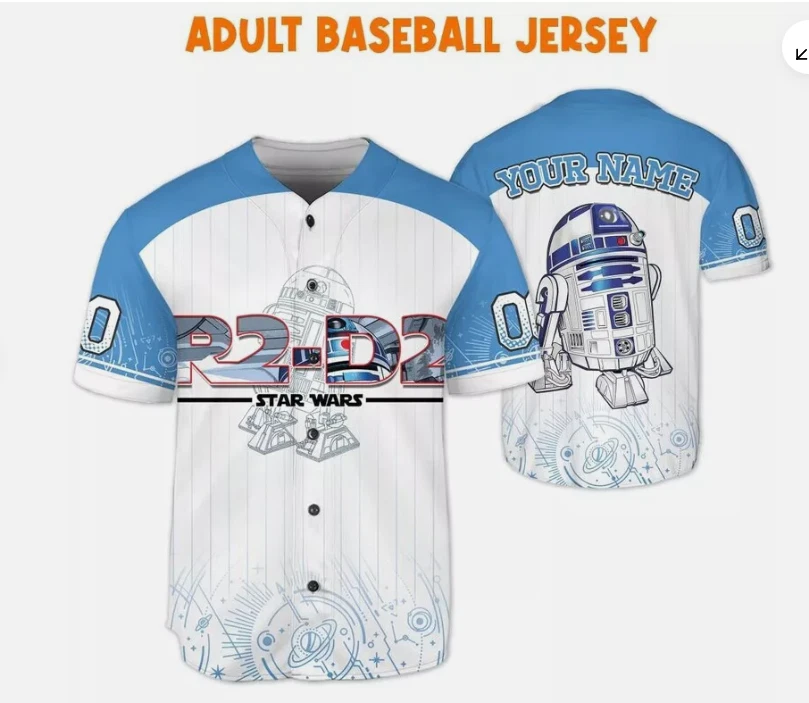 Personalized R2-D2 Robot Star Wars Character White Blue 3D Baseball Jersey Shirt