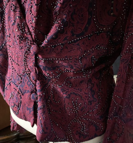 Carmen Marc Valvo Silk Beaded Blouse Women 10 Burgundy Bell Sleeve Plunge Top - Picture 19 of 19