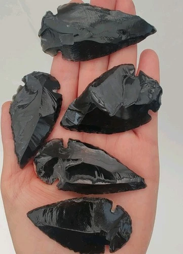 5 HANDMADE BLACK OBSIDIAN ARROWHEADS SPEAR POINTS 2 to 2.25 Inch (A02)