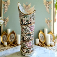 Rare Capodimonte Porcelain Umbrella Stand Gilded Scrolls Italian Rococo Cherubs