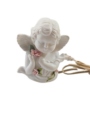 Roman Touch of Rose Cherub Angel Night Light White Matte Ceramic Pink Floral 5''