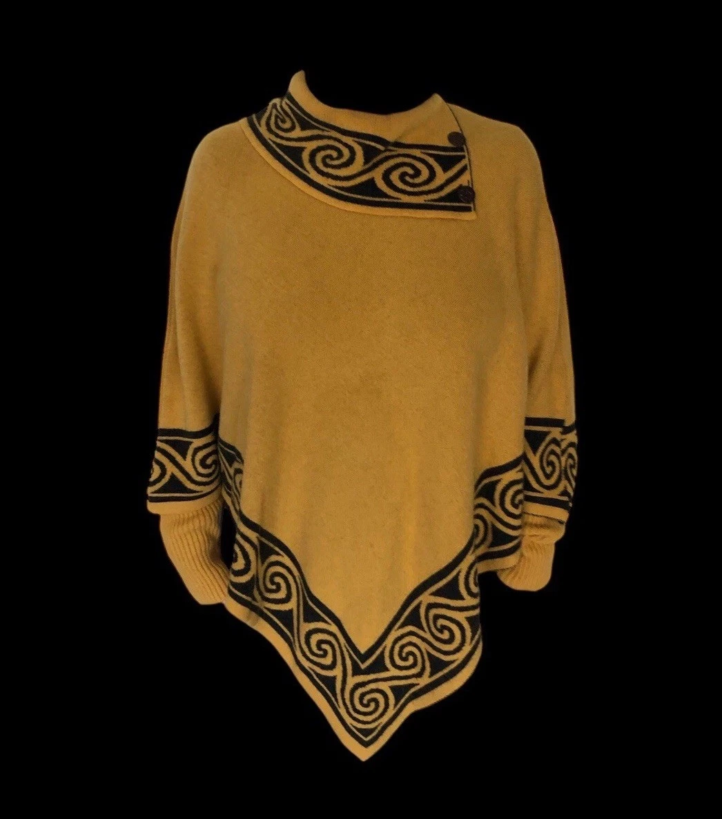 Pointed Poncho Ecuador Alpacas Wool UK 10-12 Warm Yellow Black Spiral w/ Sleeves