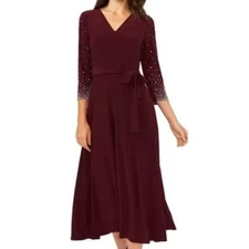 MSK SZ M burgundy beaded 3/4 sleeve belted party formal midi dress NWT B124