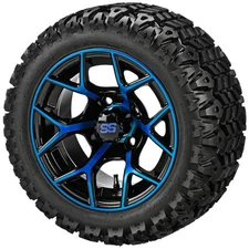 (4) Golf Cart 20x10-12 Sierra Sport A/T Tires on 12x7 Black/Blue Ninja Wheels