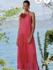 Farm Rio Women's Pink Halter Backless Maxi Dress Flower Accent Size M