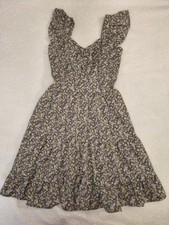 Women  s Floral Dress Size M Green Purple Ruffle Sleeve Smocked Back 30.3in...