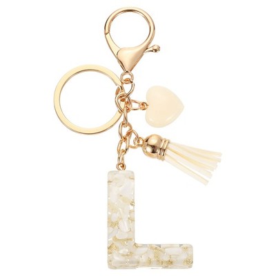 Initial Letter Keychains Resin Cute Pendant with Heart Tassel White-L