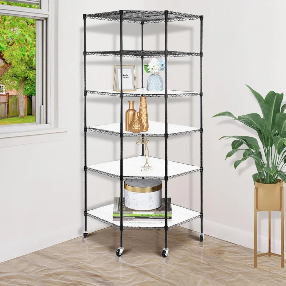6Tier Corner Shelf Shelving Wire Metal Rack Storage Organizer Heavy Duty w/Wheel