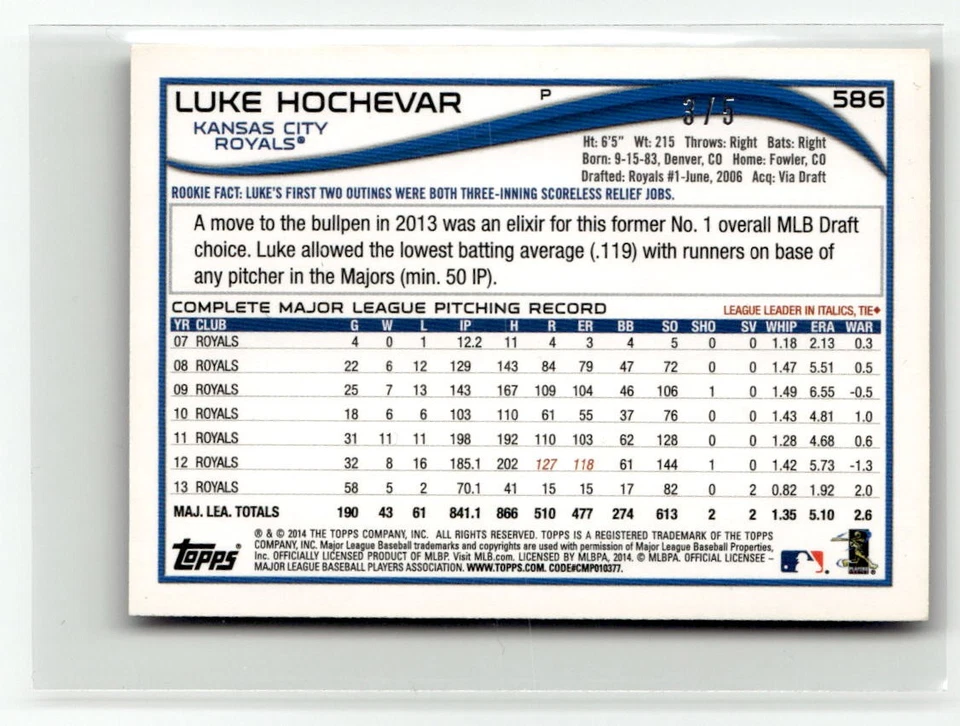 2014 Topps Mini #586 Luke Hochevar Black #/5 - Image 2 of 2