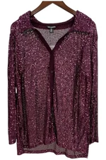 Nina Leonard Women's Sequin Mesh Collared Shirt Raisin