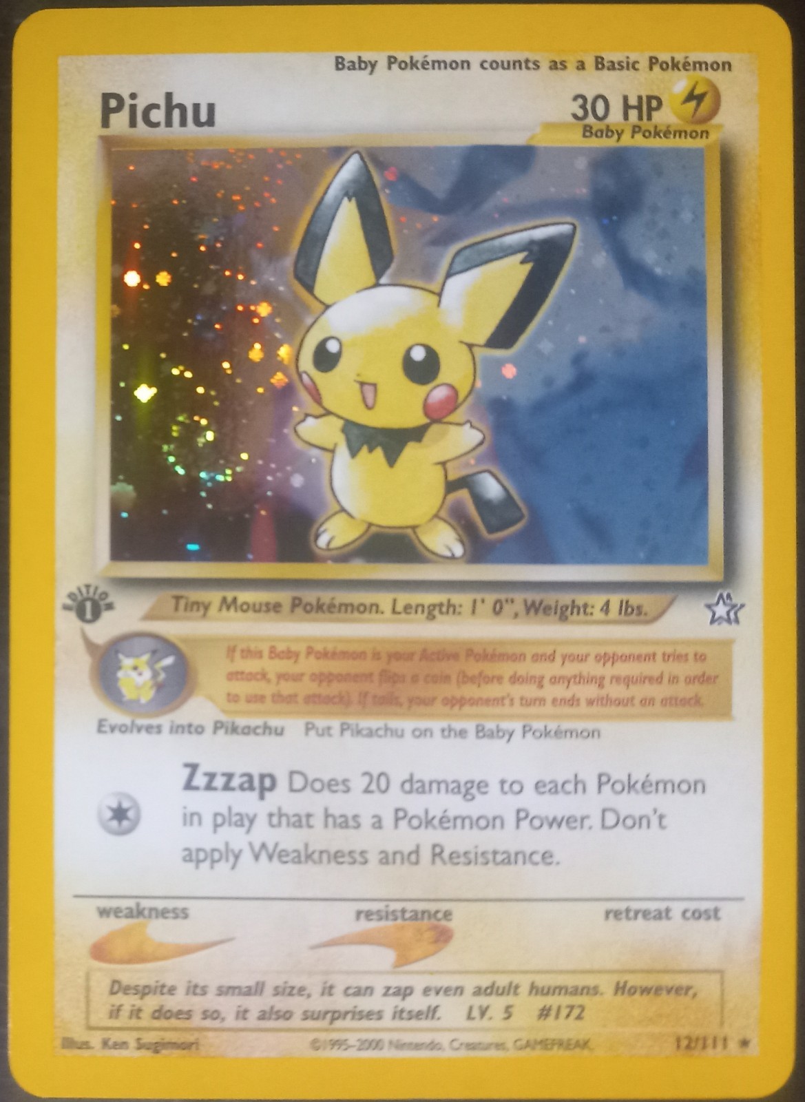 2000 Pokémon Pichu 1st Edition Neo Genesis Holo Rare Card #12/111 - TCG - NM