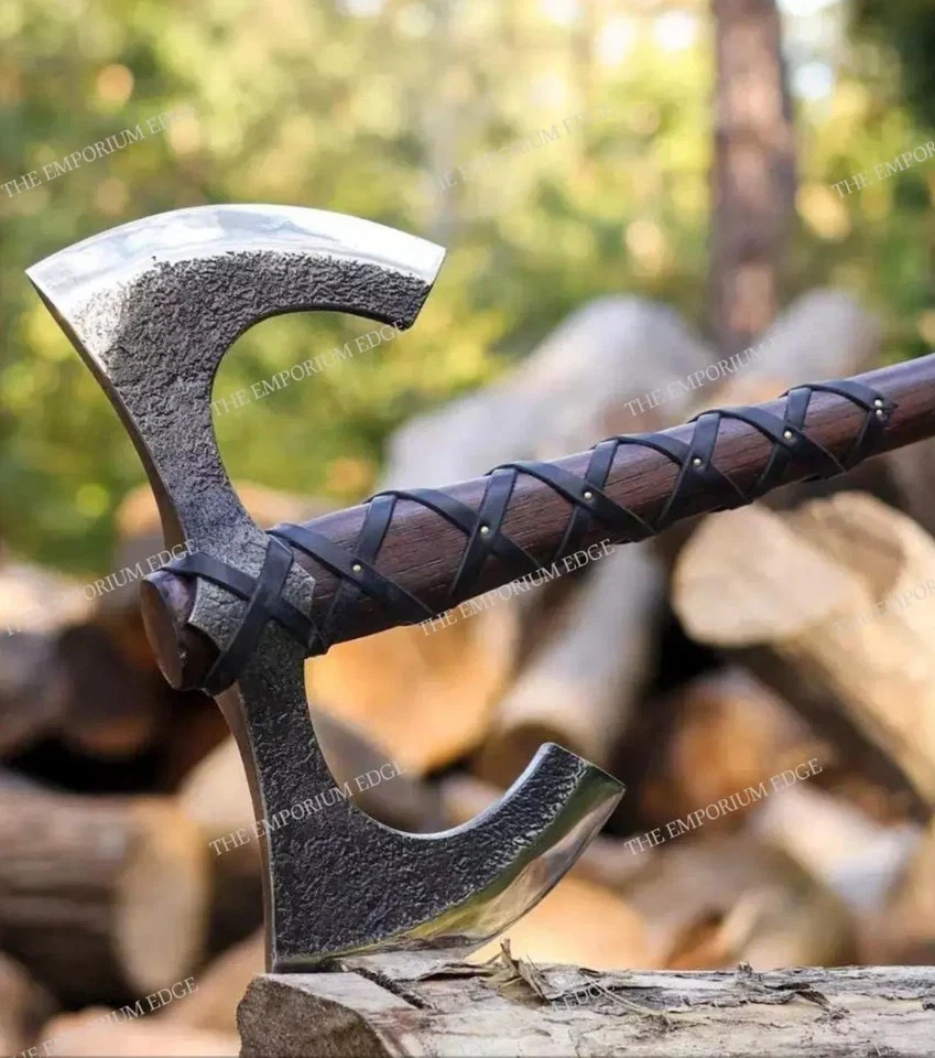 Custom Hand Forged Double Headed Viking Axe,Double Blade Axe with leather sheath - Image 3 of 4