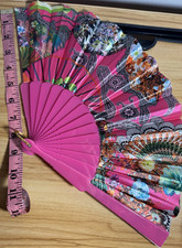 Pink Multicolor Fabric Print Folding Hand Fan Plastic Boho Party Women
