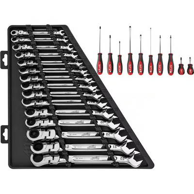 144-Position Flex-Head Ratcheting Combination Wrench Set Metric with Screwdriver