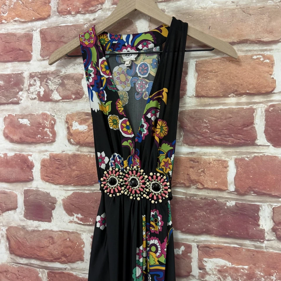 ECI New York Dress Womens 8 Black Multicolor Boho Floral Beaded Waist Casual - Image 4 of 4