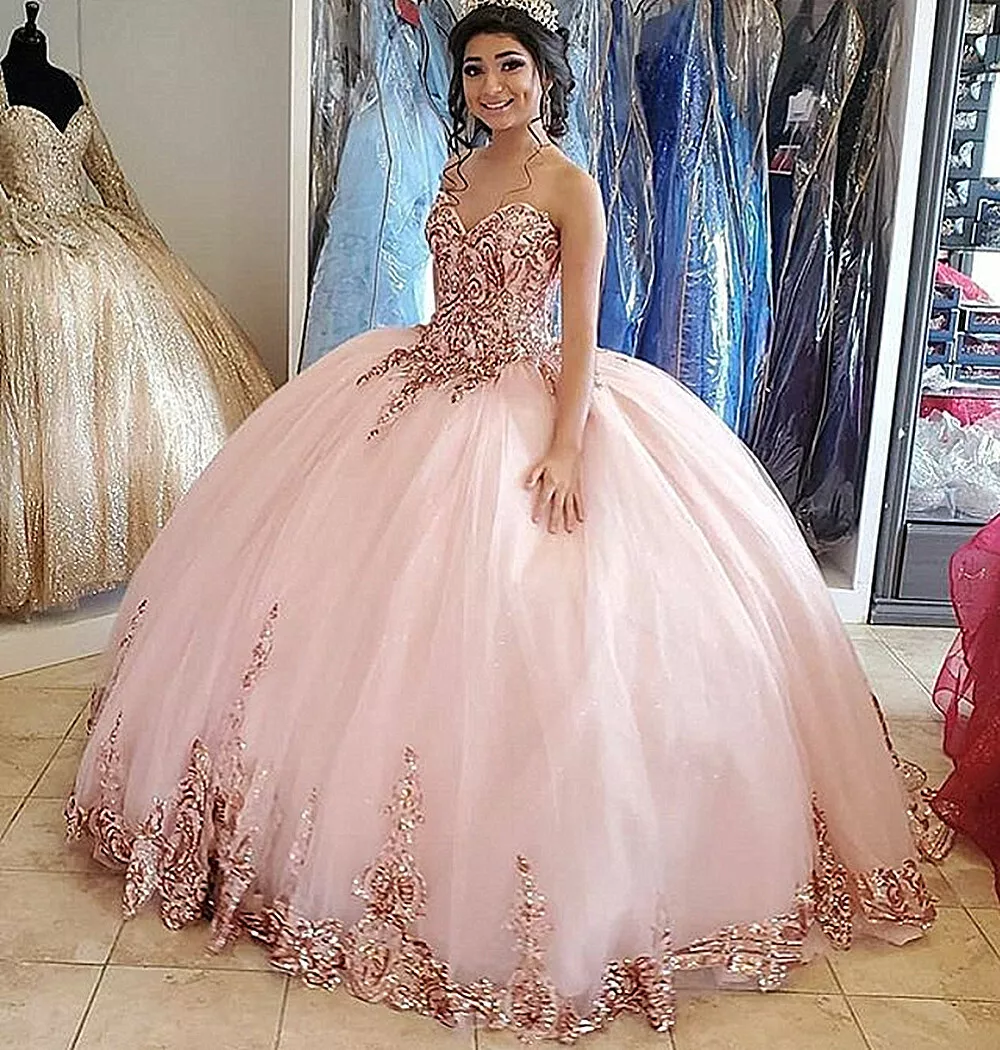 Pink Lace Quinceanera Dresses Sequin Prom Ball Gown Sweet 15 16