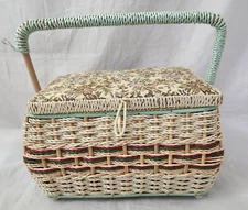 VTG Embroidered Tapestry Wicker Sewing Handled Basket Full of Notions Farmhouse