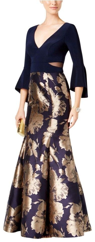 XSCAPE Navy Jacquard Brocade Floral V-Neck Illusion Bell Sleeve