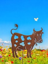 Gartendeko Kuh Gartenstecker aus Edelrost, 18x18 cm, 60 cm Höhe