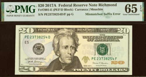 2017A $20 Federal Reserve Note PMG 65EPQ rare mismatched suffix error PEF/D