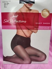 Hanes Silky Reflections Pantyhose Control Top Jet Black Size EF