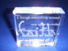 Clear Glass Etched Paperweight "Faith" with proverb