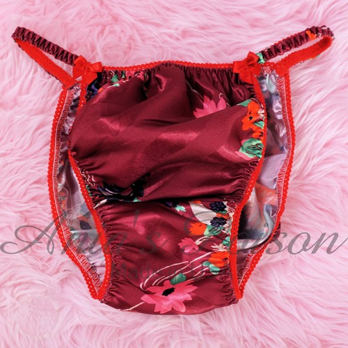 Sissy Satin Panties for MEN Christmas Maroon Stripe Poinsettia String Bikini - Picture 3 of 5