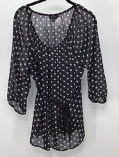 AB Studio Blouse Top Size M Polka Dot Sheer 3/4 Sleeve Pullover 
