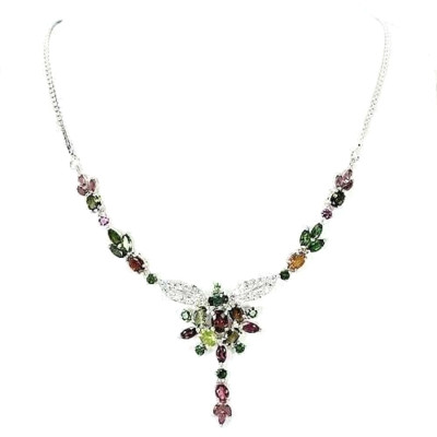 Silber Halskette Rhodolith Turmalin Natur Gemischte Farben Edelsteine Massiv Sterling