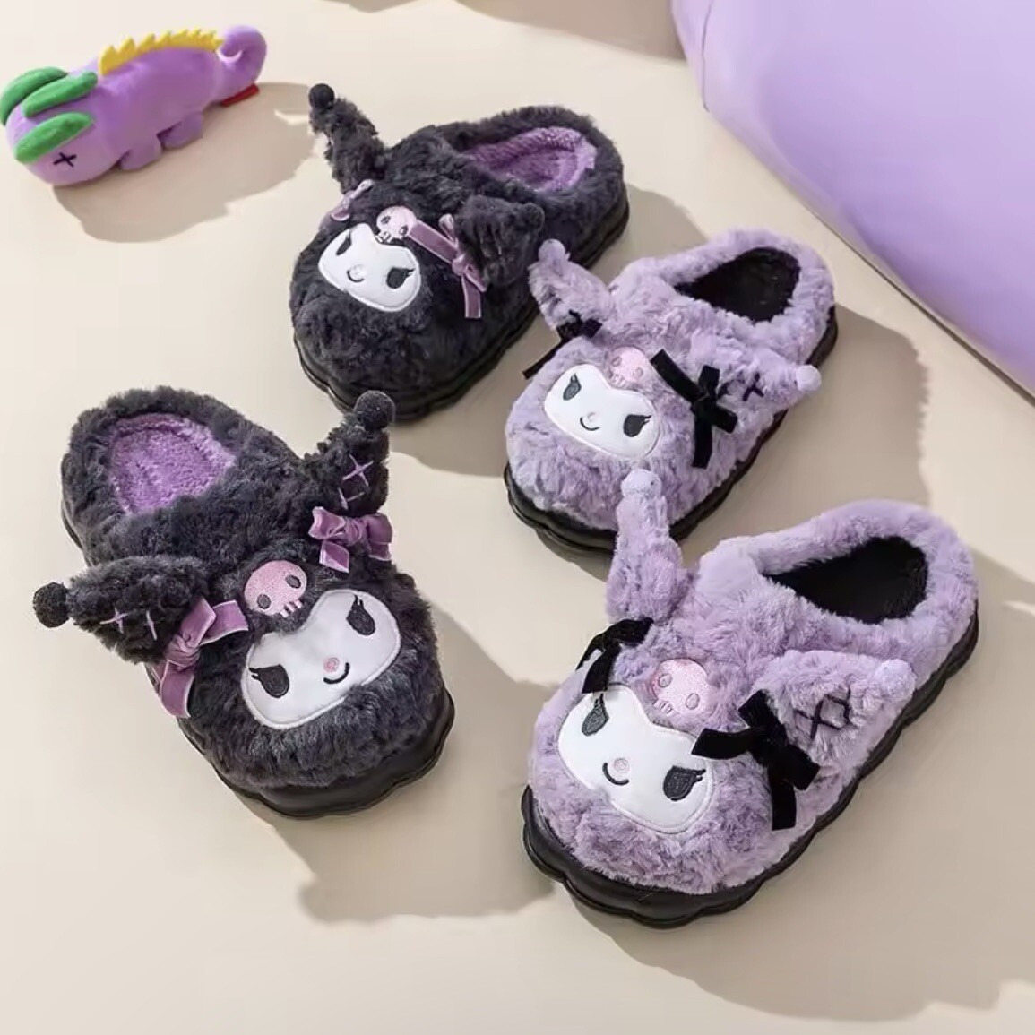 Kuromi Slippers Soft Fur Hello Kitty Slider Slip On Sanrio Purple Black Gift