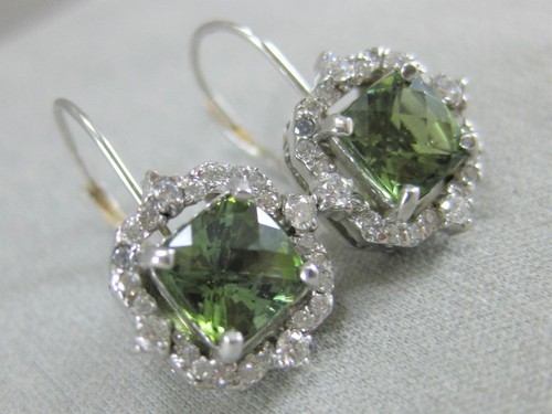 FANCY 3.25CTW DIAMOND GREEN TOURMALINE HANGING 14K W GOLD CUSHION EARRINGS E3920 - Picture 11 of 12