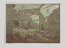 Heinrich Otto. Heimkehr. Schafherde im Dorf. Farblithographie. Um 1900.