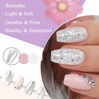Kaichen Glitzer-Press-On-Nägel – Rosa/Weiß/Silber Mit Strass, 24 Stück Inkl. Zubehör Für Perfekten Look