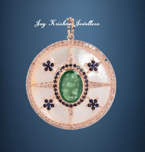 Smaragd & Saphir Runde Anhänger, 925 Silber Perlmutt & Diamant Anhänger - Bild 3 von 3