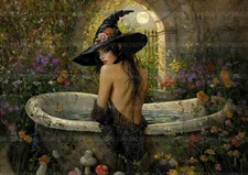 Witch Garden Bath Art Print Raven Flowers Magic Tub Fantasy Woman Floral x89