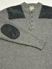 LL Bean Commando Sweater Ribbed Heather Gray Wool Sueded Shoulders/Elbow XL EUC
