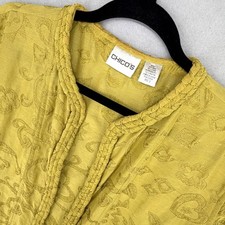 Chicos Mustard Yellow Silk Linen Embroidered Open Front Jacket Size 2 Large