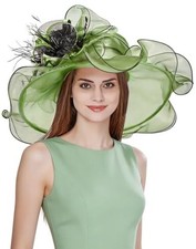 Z X Women Organza Church Derby Hat Wide Brim Sun Hats for One Size 2003- Green
