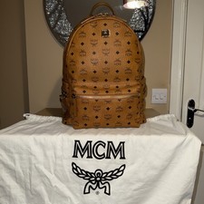 MCM Large Stark Leather Backpack in Cognac Visetos Monogram Classic Style Bag