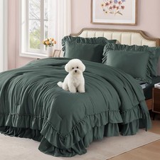 King Size Comforter Set Forest Green Ruffle 7 Pieces Farmhouse Bed in a Bag