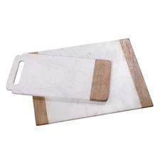 Natural White Marble and Mango Wood Board Set, 18" x 9" Handled Serving Board...