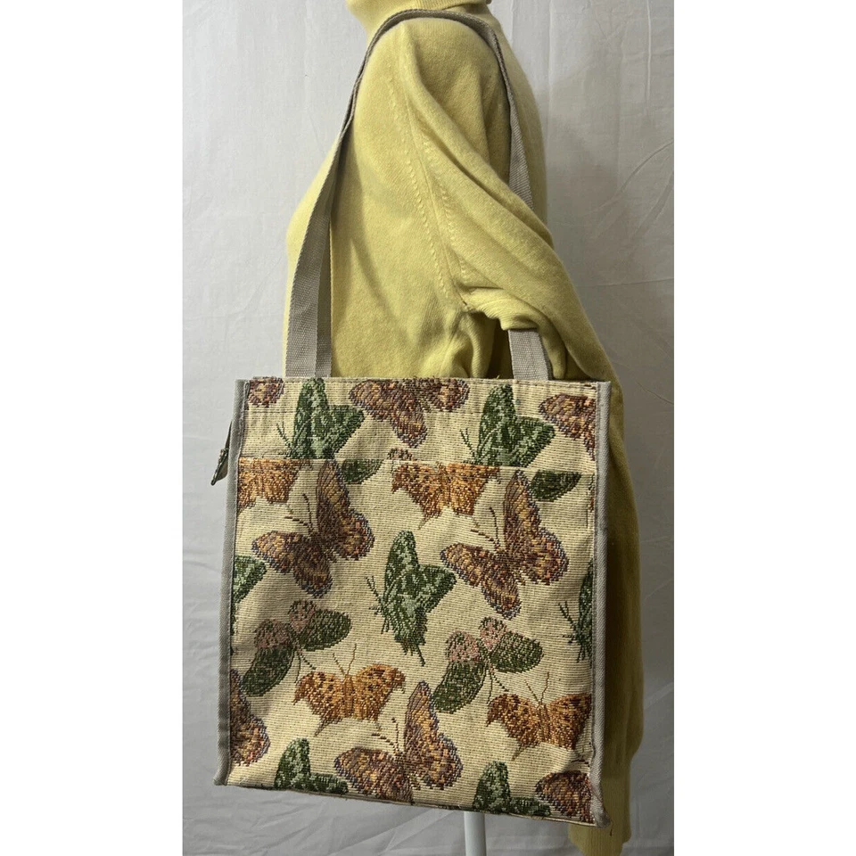 复古 80 年代挂毯蝴蝶托特包钱包手提包拉链口袋尼龙手柄 — 第 2/4 张图片