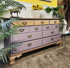 Oak wide dresser. Stripped natural top/accent drawers & brass drawers furniture