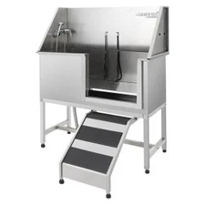 60" Stainless Steel Dog Washing Station Pet Dog Grooming Bathtub w/ Stairs/Ramp