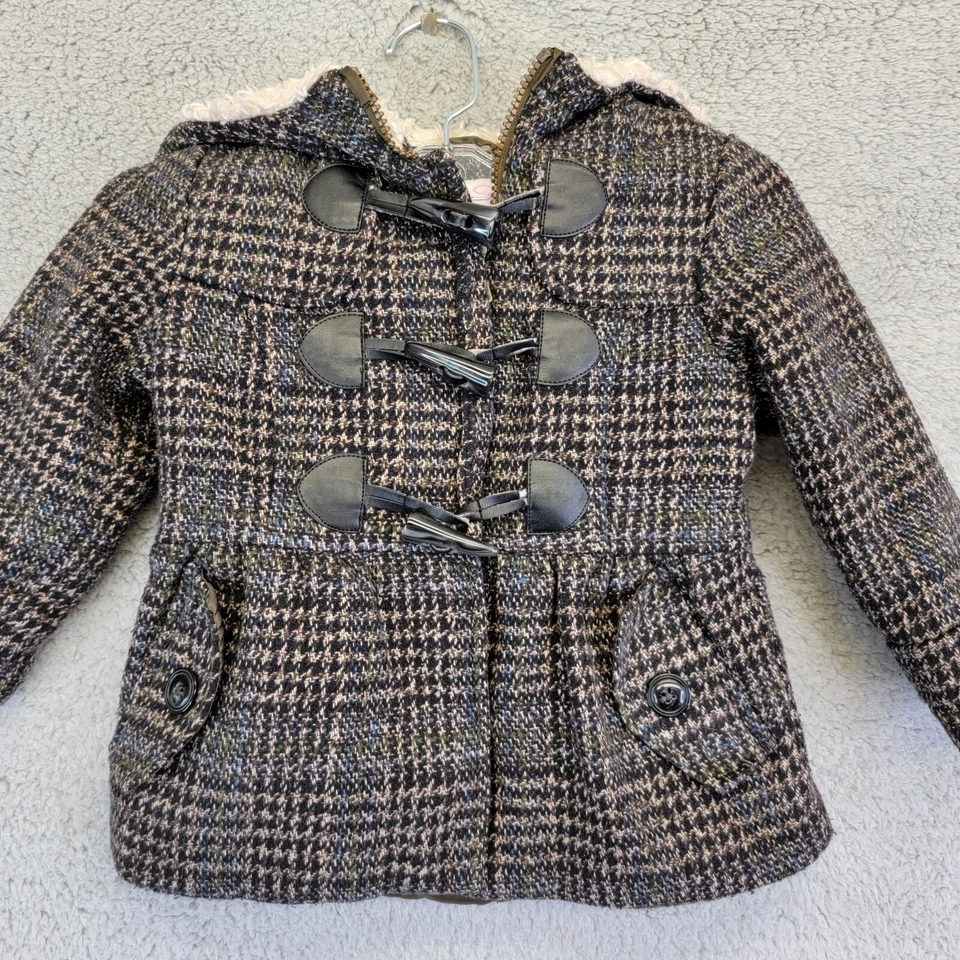 Abrigo Jessica Simpson Pea Niñas Talla 4T Marrón a Cuadros Tweed Cremallera Completa Forrado de Piel Sintética Foto 4 de 4