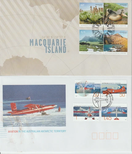 australian antarctic territory stamps 2 FDCs aviation 2005, mccquarie 2010
