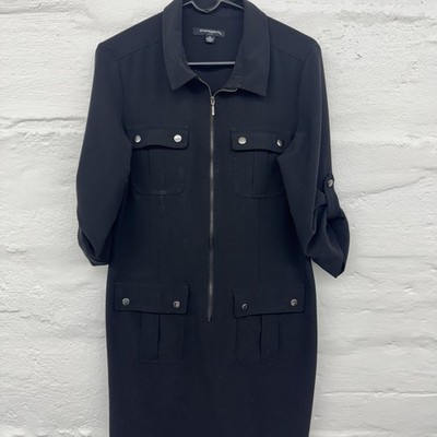 Sharagano Shirt Dress -12  4 Pockets  Full Zip Tab Sleeves Black Shift Collared